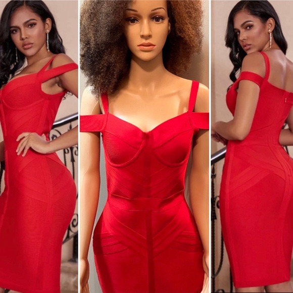 NWOT ADYCE Off Shoulder Bodycon Bandage Red Dress - Picture 3 of 13